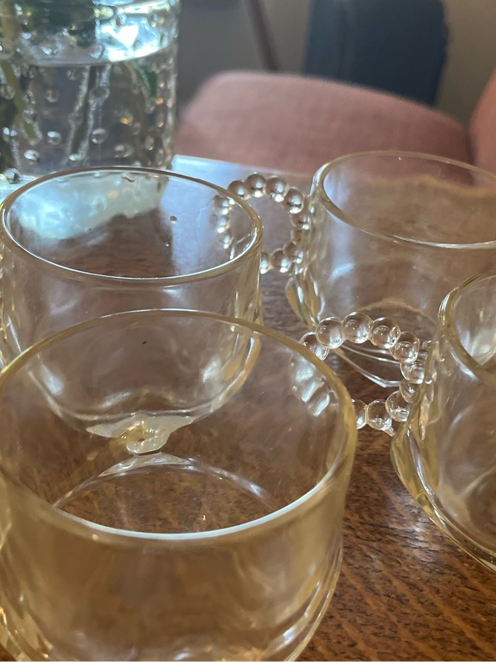 Hazel Atlas Orchard Crystal Vintage Glass Punch Cups Beaded Handle Set of 4